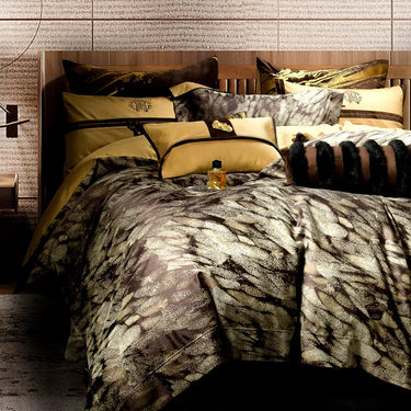 Brown Gold Jacquard Egyptian Cotton 1200TC Embroidered Art Printed Bedding Set